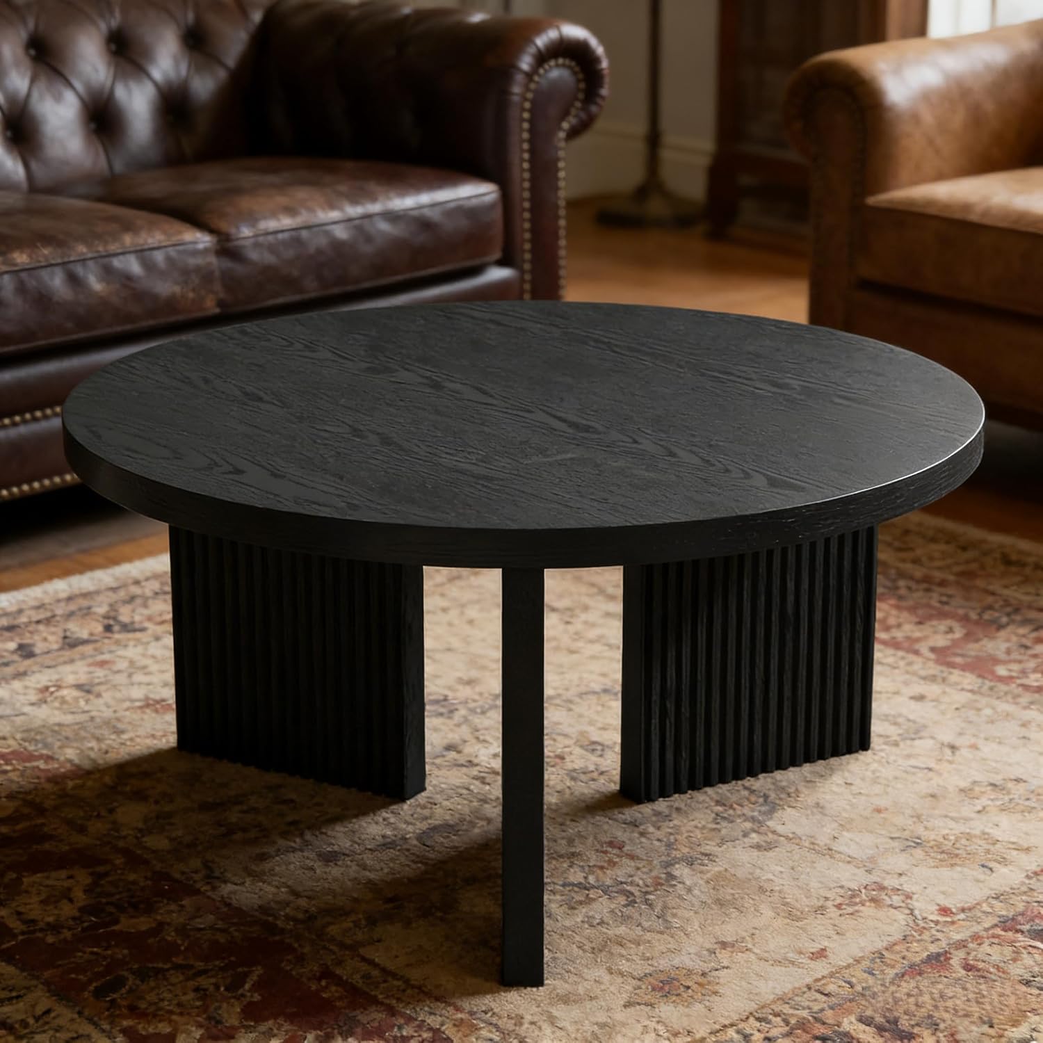 Wooden Round Coffee Table, 35' Coffee Table with Smooth Thick Mesa, Low Circle Center Table with X Shaped Stable Legs, Accent Tea Table for Living Room, Office, Black