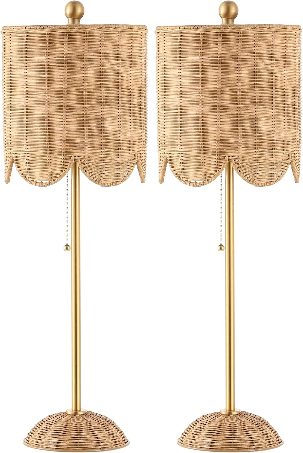 JONATHAN Y 27.5' Brass Gold Coastal Buffet Table Lamp Set of 2 for Bedroom, Boho Table Lamps with Natural Rattan Scalloped Shade, Pull Chain, LED Bulbs Included JYL1138A-SET2