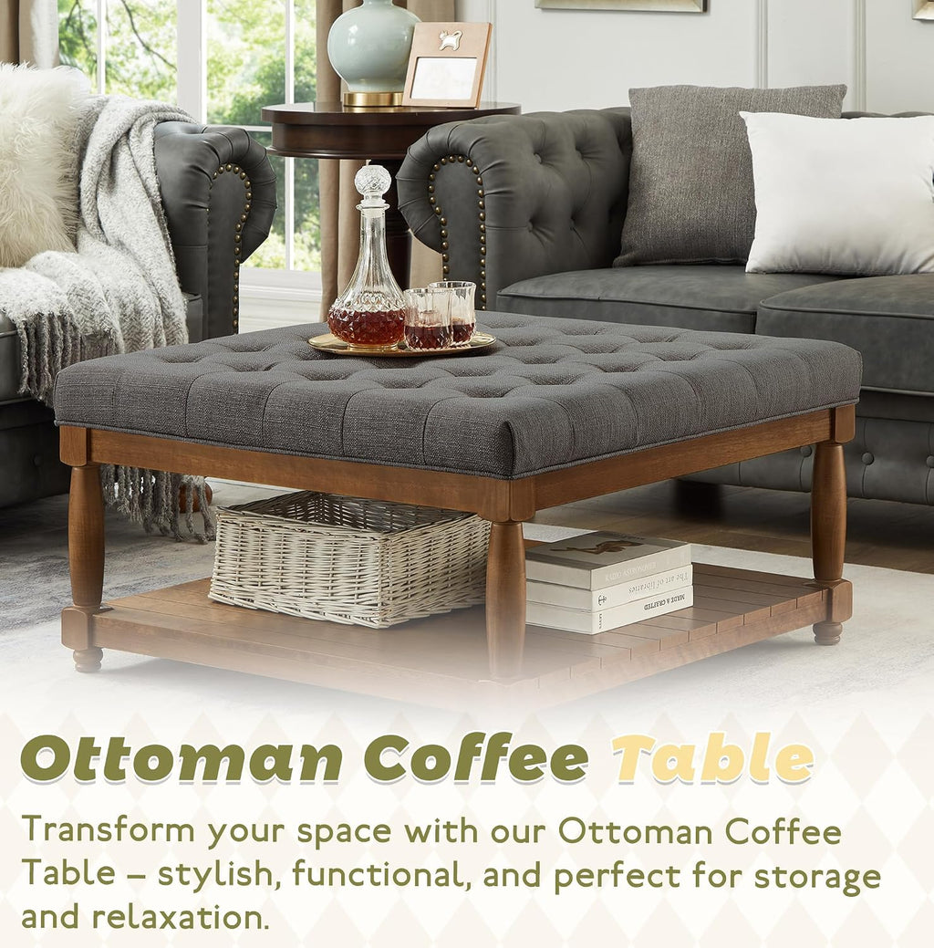 Ottoman Coffee Table, Upholstered Square Coffee Table with Storage Solid Wood Shelf, Linen Large Footrest Ottoman Pouf for Living Room, Charcoal