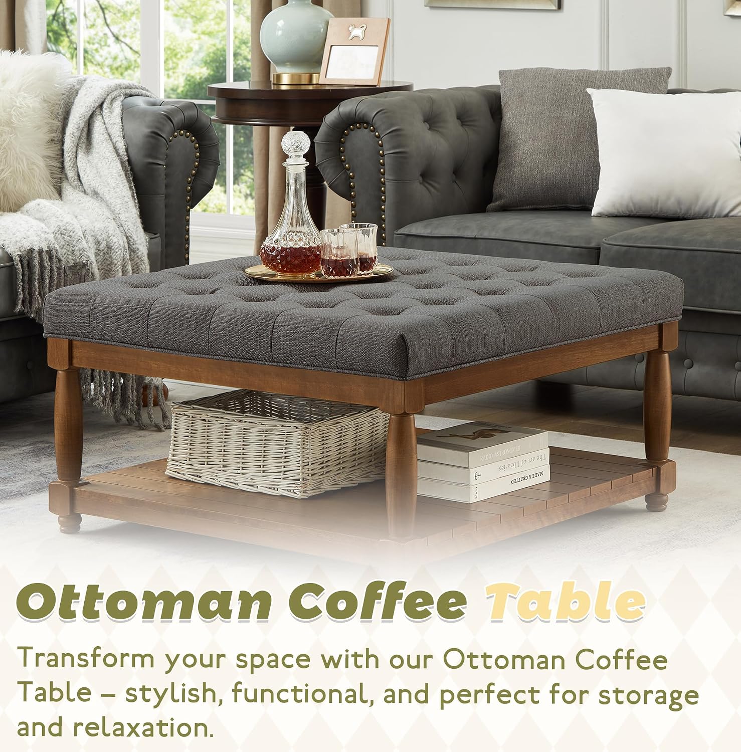 Ottoman Coffee Table, Upholstered Square Coffee Table with Storage Solid Wood Shelf, Linen Large Footrest Ottoman Pouf for Living Room, Charcoal