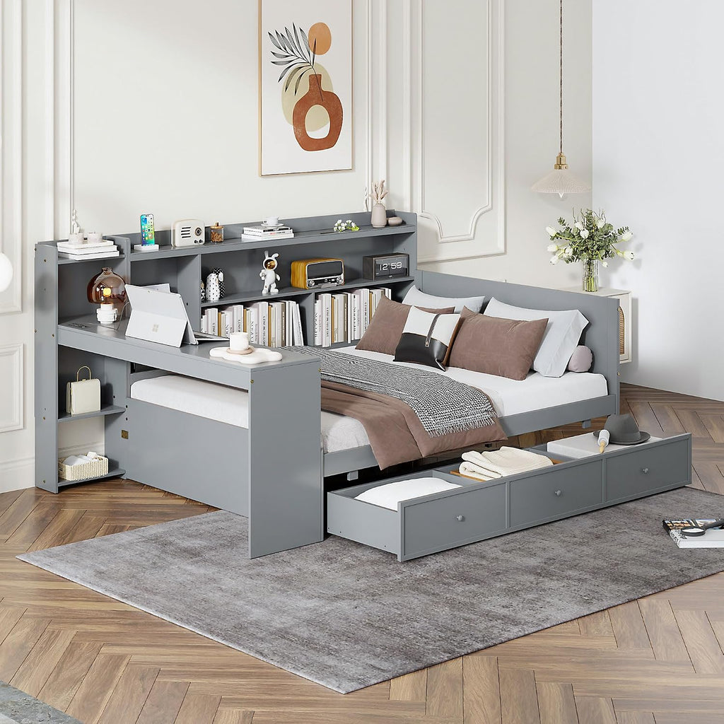 Bellemave Full Corner Bed Frame with Storage Shelves and Desk, Wood Full Size Daybed with Bookcase and 3 Drawers and USB, Gray