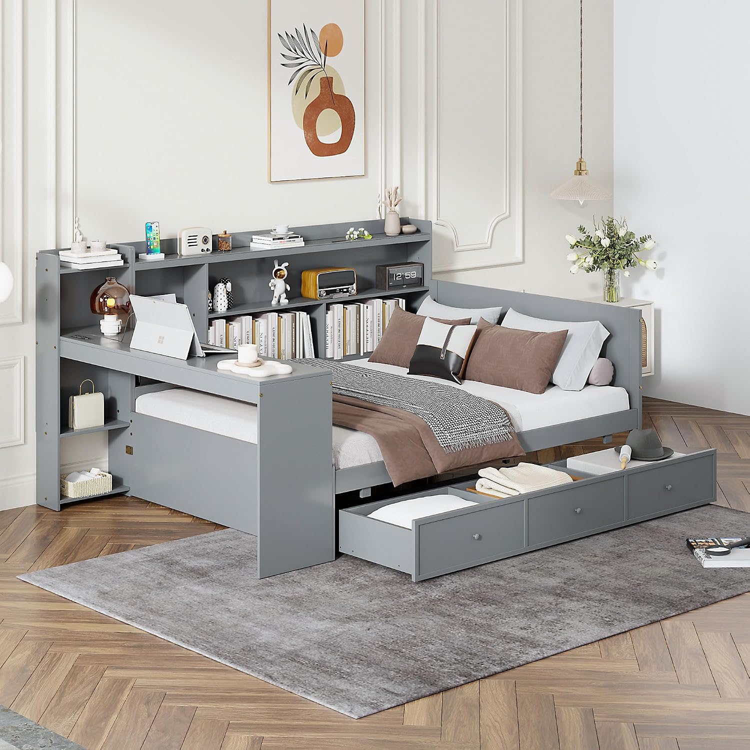 Harper & Bright Designs Full Size Daybed Frame with Desk and 3 Storage Drawers & USB Port Shelves Headboard, Pinewood Corner Bed, Full Captain Bed for Small Room, Bedroom, Guest Room,Gray