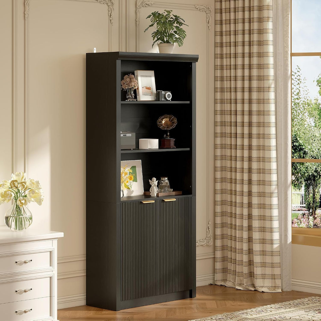 Tall Book Shelf and Bookcase 2 PCS, 31.5' Wide Wooden Bookcase with Doors, Farmhouse Book Case with Large Storage, 5-Shelf Bookcases with Adjustable top Shelve for Home Office, Living Room,Black