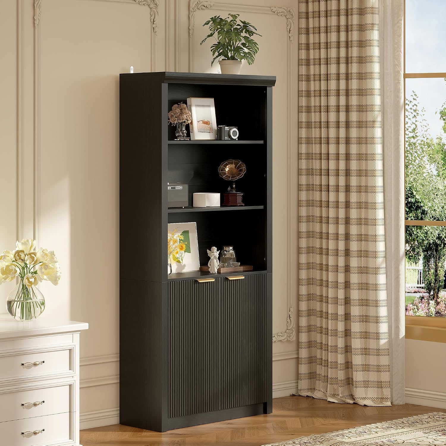 Tall Book Shelf and Bookcase 2 PCS, 31.5' Wide Wooden Bookcase with Doors, Farmhouse Book Case with Large Storage, 5-Shelf Bookcases with Adjustable top Shelve for Home Office, Living Room,Black
