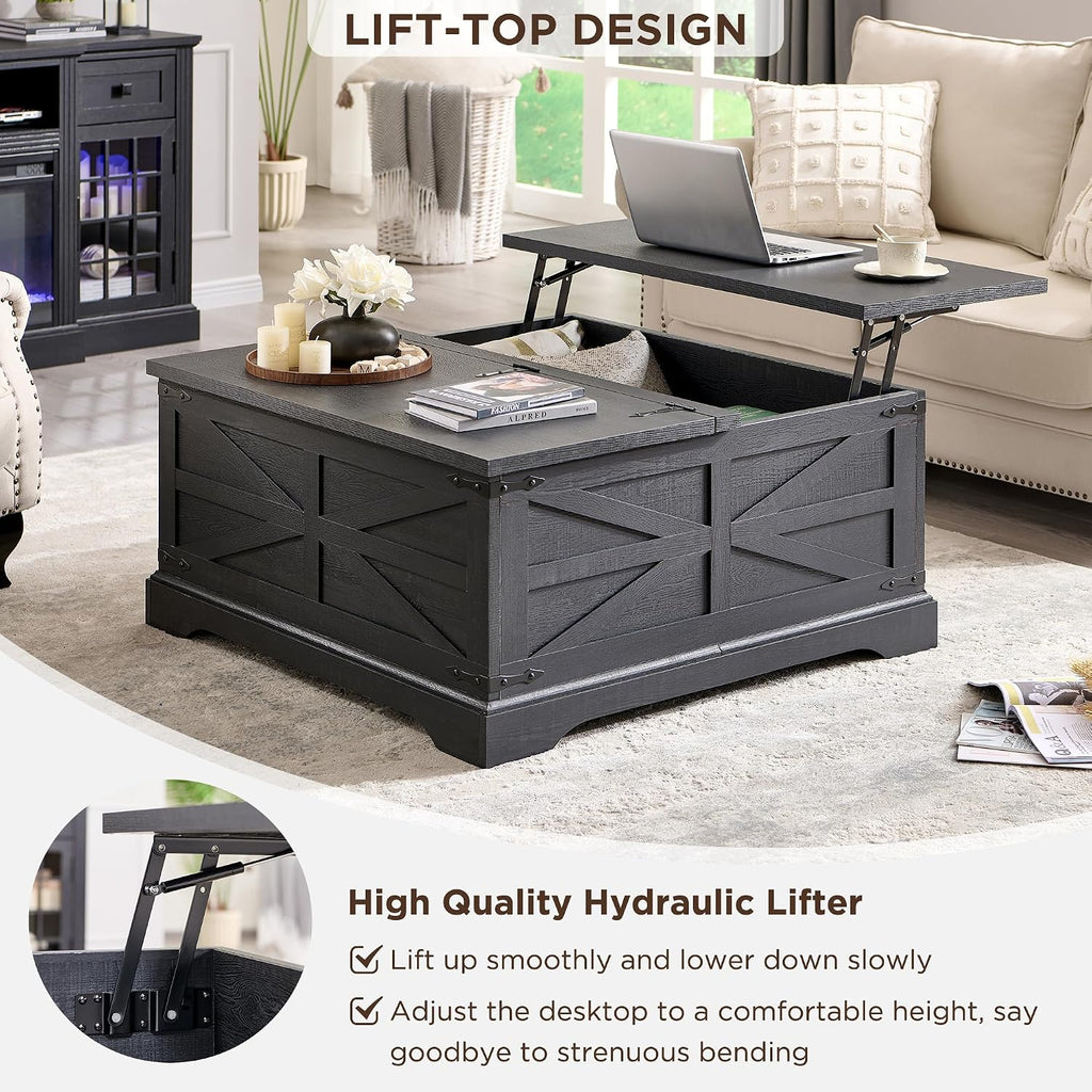 JXQTLINGMU 36' Lift Top Coffee Table with Storage, Farmhouse Square Center Table with Large Hidden Compartment, Wood Lift Tabletop Dining Table for Home Living Room, Black
