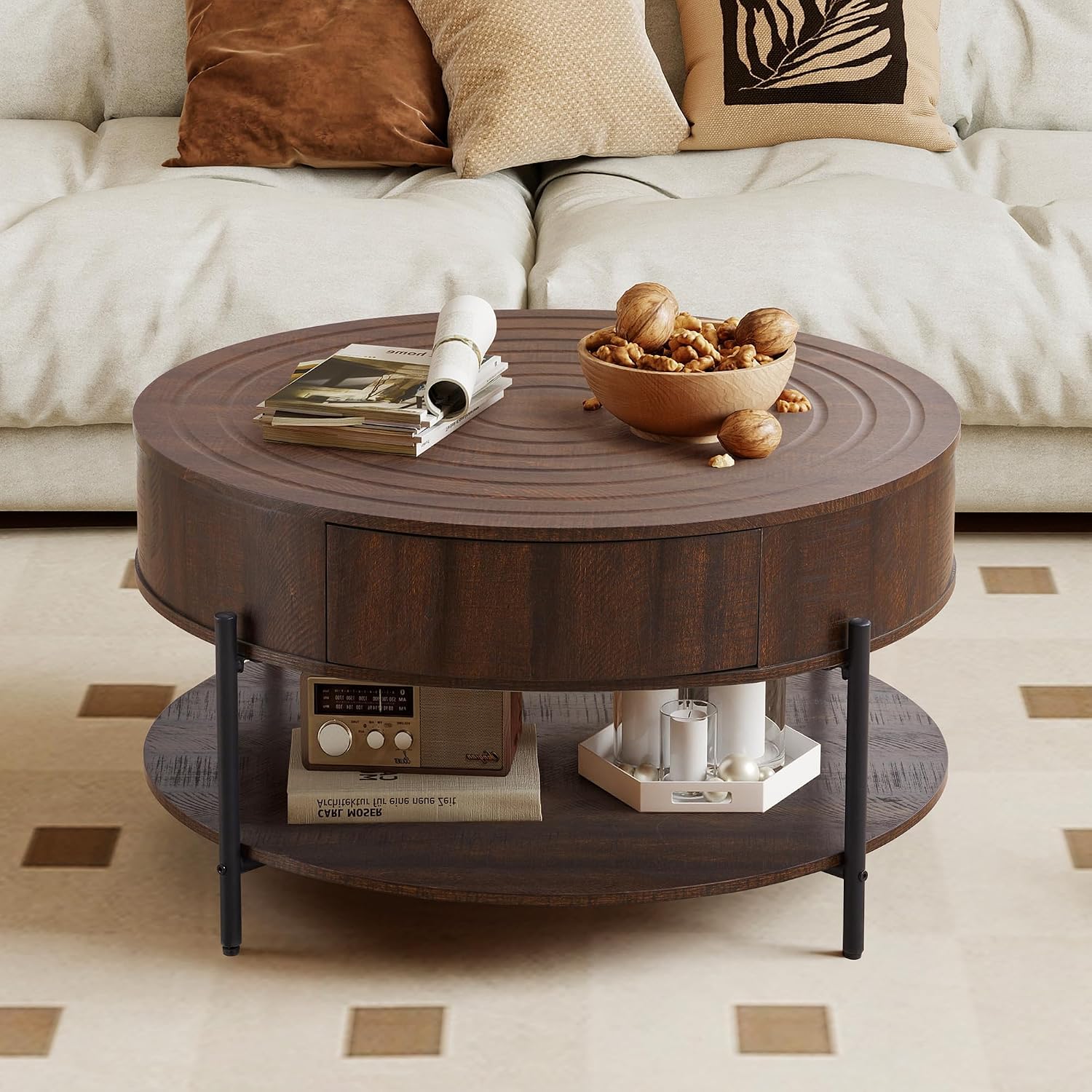 RARZOE 30.5' Round Coffee Table with Storage, Wooden Circle Coffee Table with Drawer, Storage Shelf, Metal Legs，Small Dining Table Accent Center Table for Living Room Home Office Apartment,Dark Brown