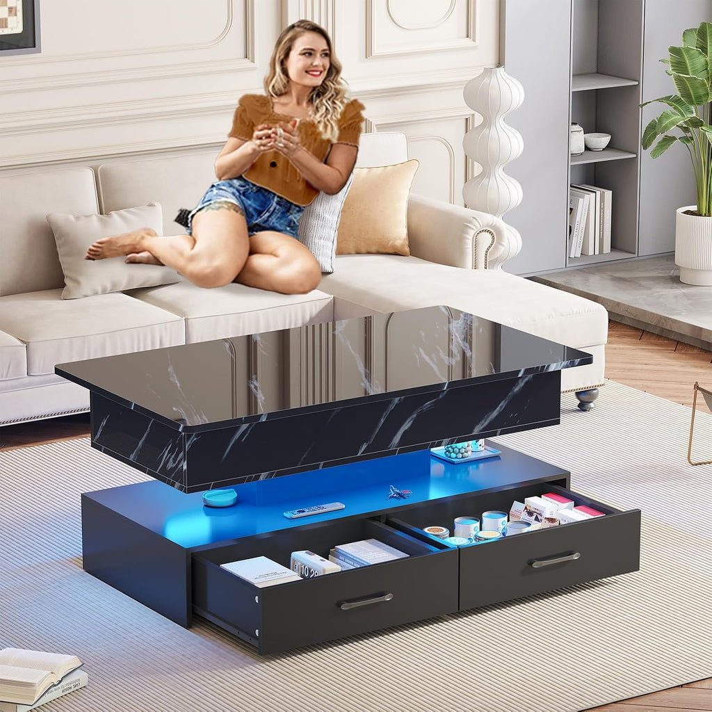 SEDETA 40' Lift Top Coffee Table, Coffee Tables with Storage for Living Room, Small Coffee Table with 2 Drawers & LED Light for Dining Reception Room, Black Marble