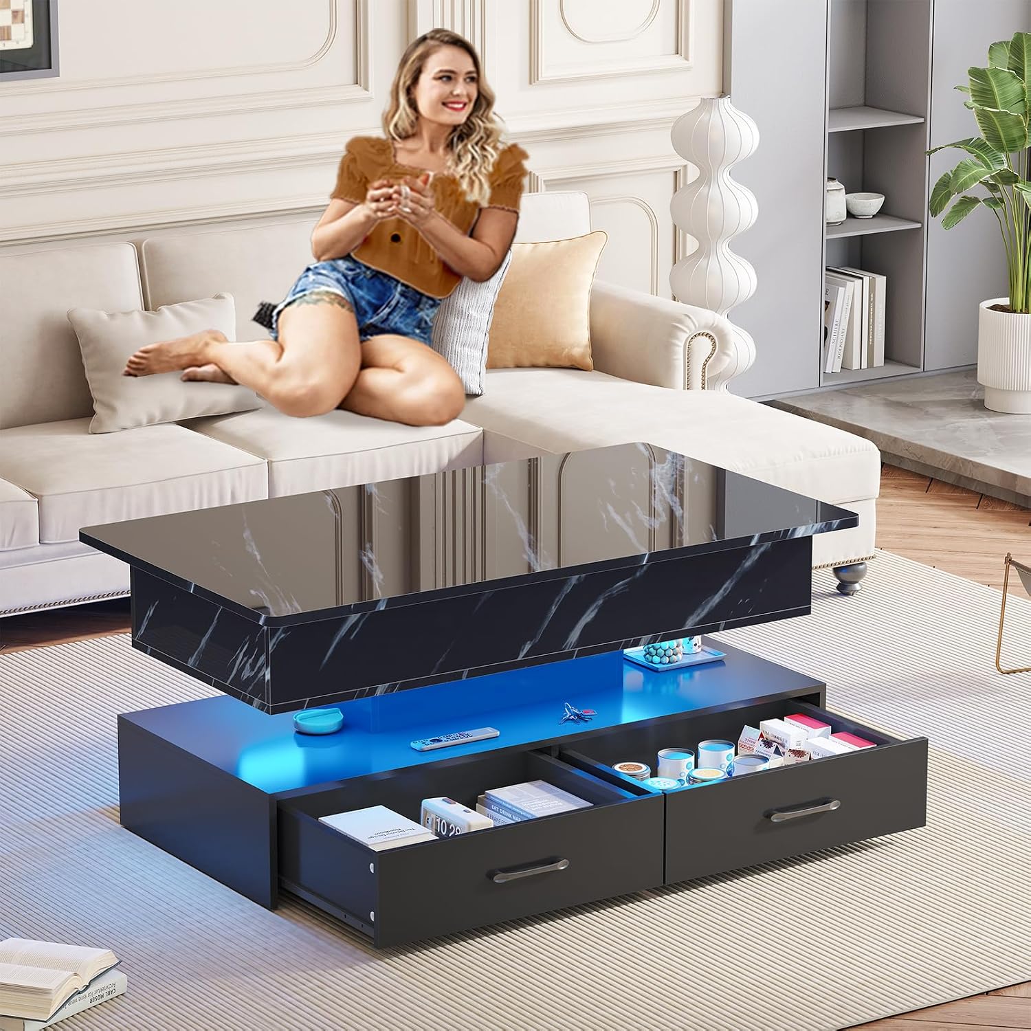 SEDETA 40' Lift Top Coffee Table, Coffee Tables with Storage for Living Room, Small Coffee Table with 2 Drawers & LED Light for Dining Reception Room, Black Marble