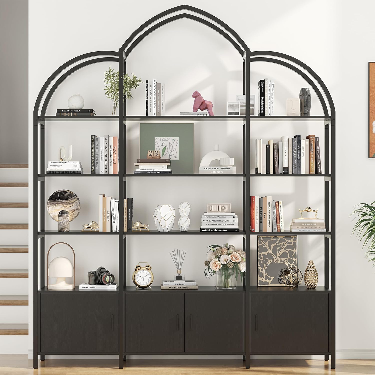 85.8' Tall Arched Bookshelf with Door, 5-Tier Etagere Bookcase with Storage Cabinet Shelf, Triple Wide Industrial Bookshelf, Free Standing Display Shelf for Living Room Home Office, Black