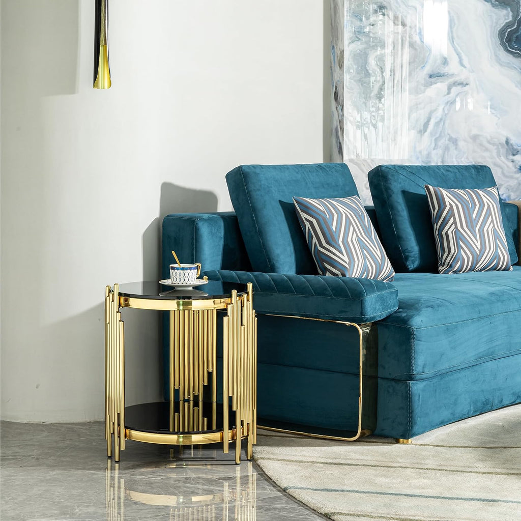 Luxury Gold Round Glass End Table, 17.7' Modern Side Table with Stainless Steel Irregular Leg Black Tempered Glass Tabletop, Accent Furniture for Living Room, Black