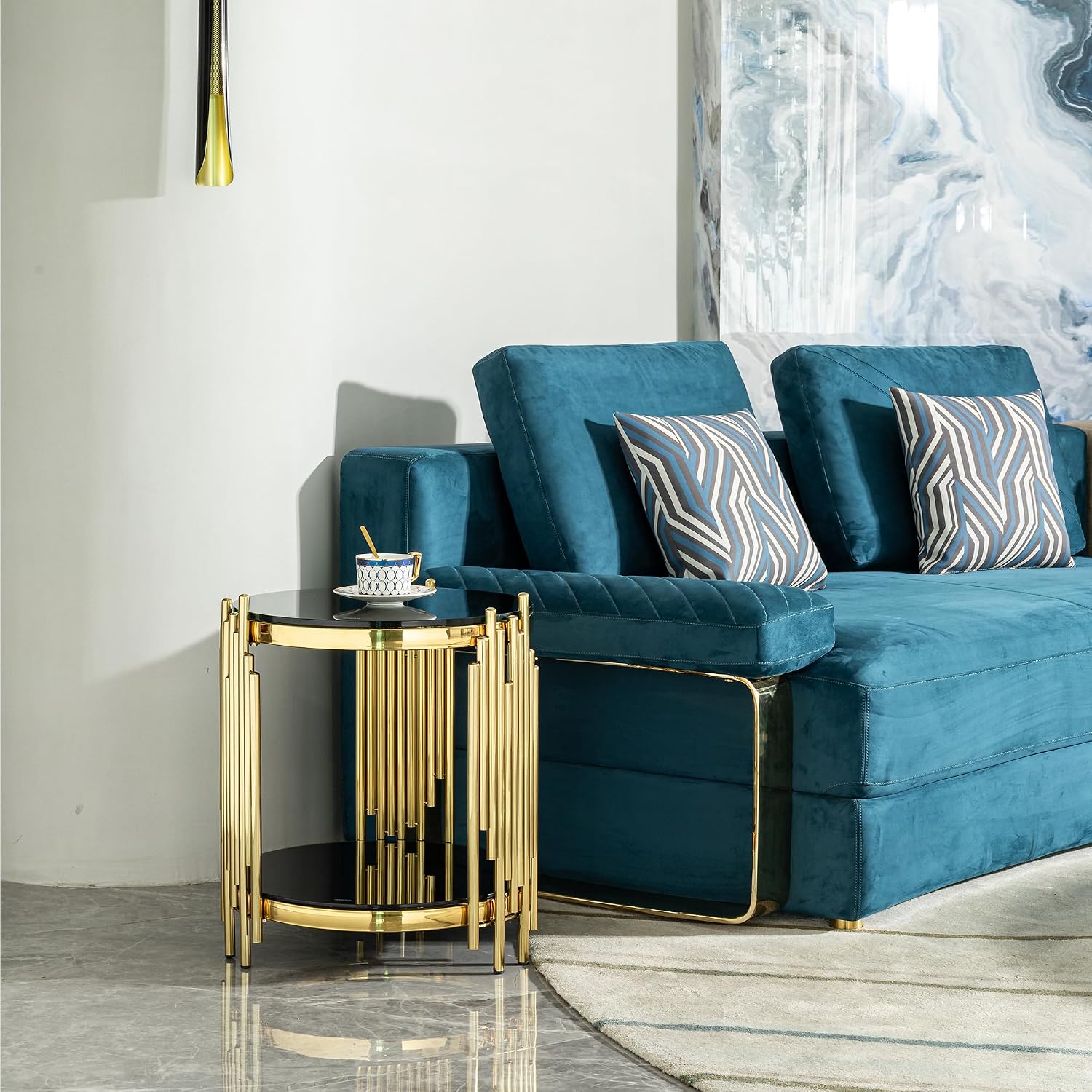 Luxury Gold Round Glass End Table, 17.7' Modern Side Table with Stainless Steel Irregular Leg Black Tempered Glass Tabletop, Accent Furniture for Living Room, Black