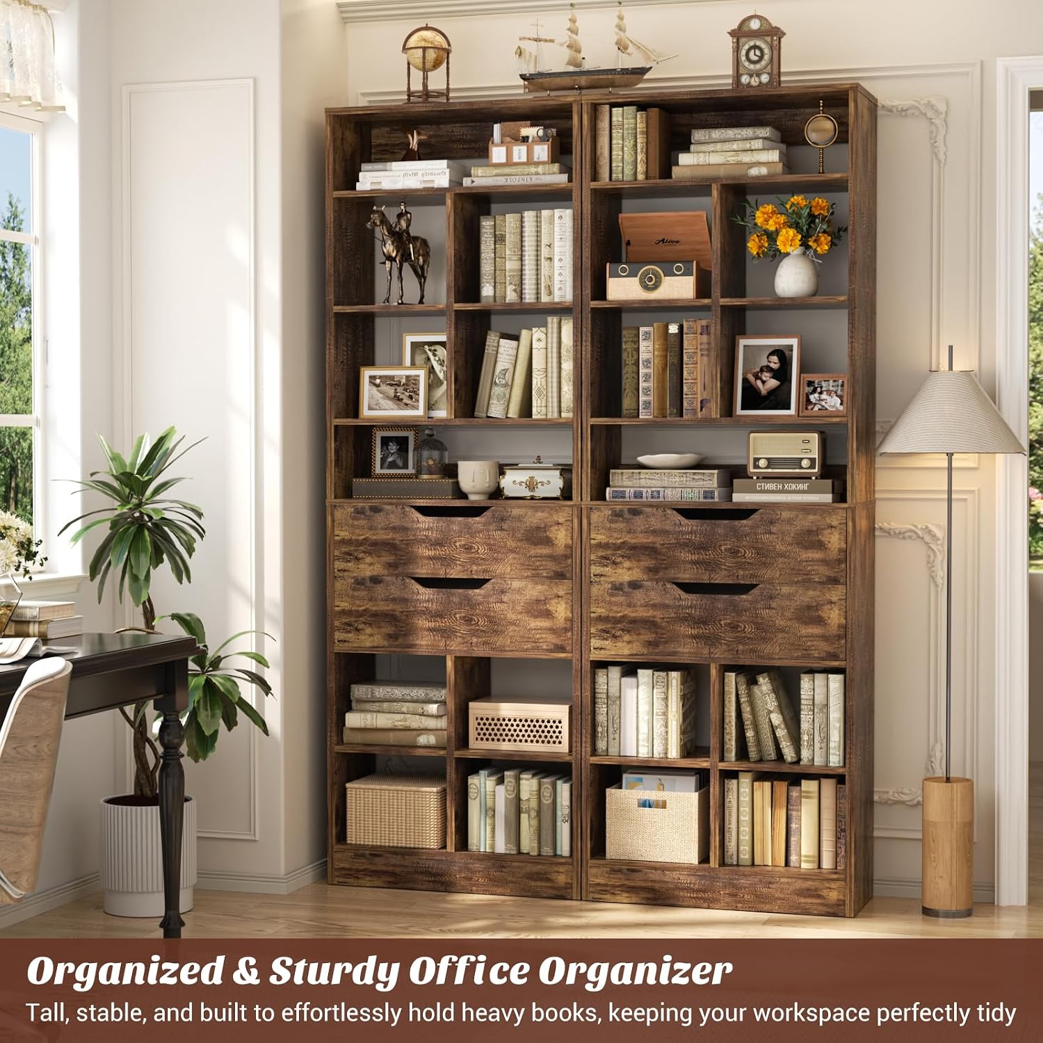 Armocity 9-Tier Tall Bookshelf with 2 Drawers, 79.7' Narrow Freestanding Bookcase, Space-Saving Wood Display Shelves Storage for Living Room, Home Office Bedroom, Rustic Brown