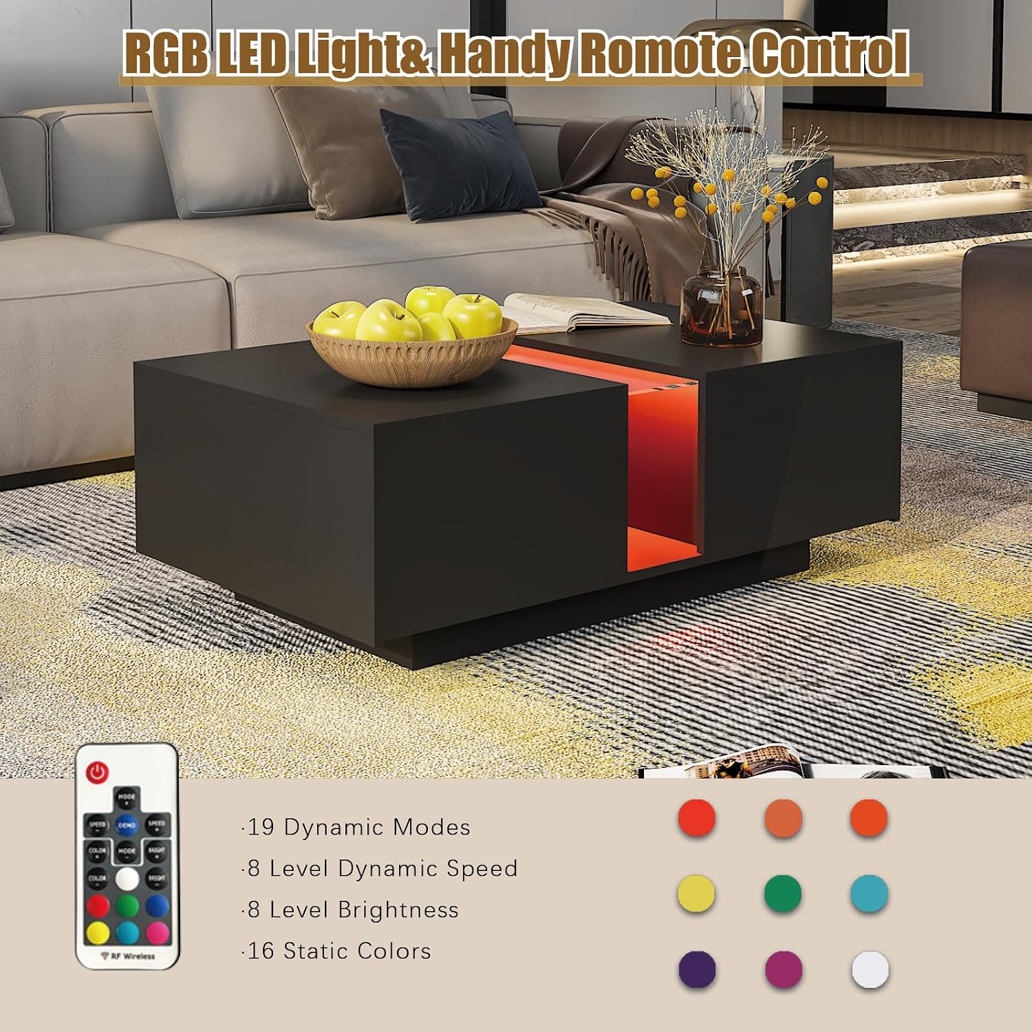 HedoAjim Black Led Coffee Table for Living Room, Rectangular Living Room Table with Storage, Acrylic Coffee Tables with 2 Sliding Drawers, Wood Center Table for Reception Dinning Room