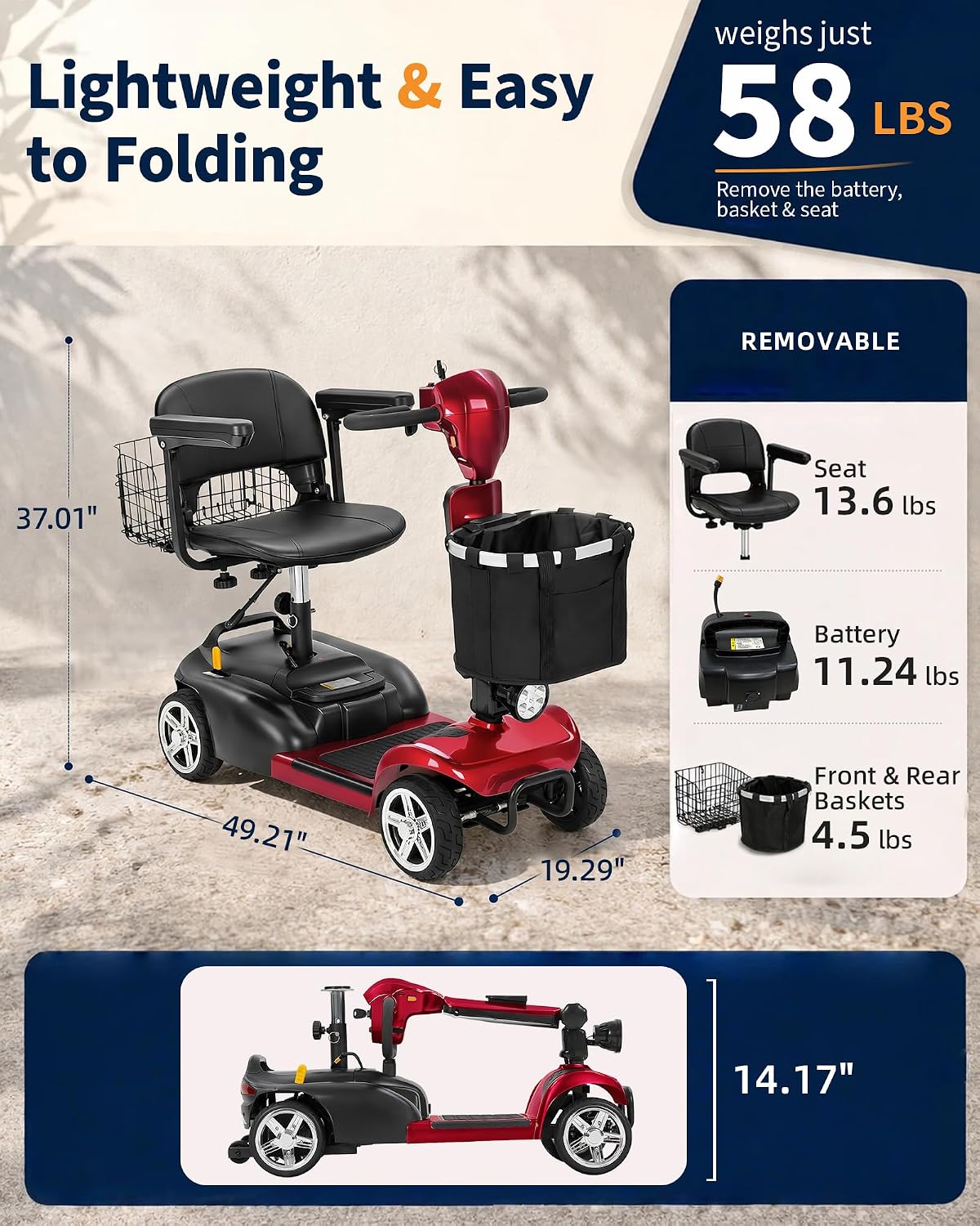 Ecomobi 20-45 Miles Mobility Scooter for Seniors & Adults, 4 Wheel Motorized Mobility Scooter for Travel, Removable Lithium Battery, 350W Motor, Dual Baskets, 300 lb Capacity, GPS Tracker,Red,40ah