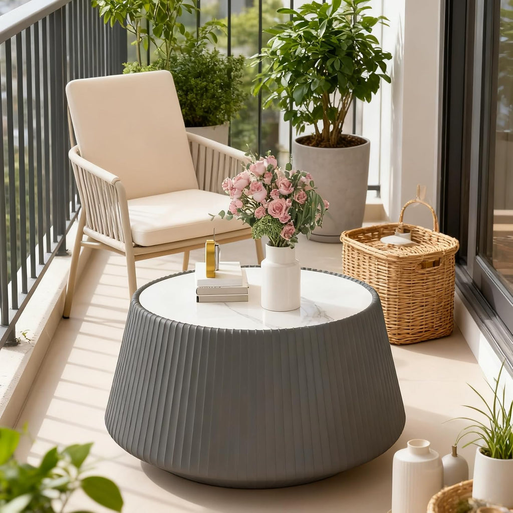 Round Coffee Table Set with Sintered Stone Tabletop, 26.77' Grey Drum Center Table and 19.68' White Coffee Table Set, 2 Pieces Living Room Table Set with Fluted PU Leather Cover& Stable Base