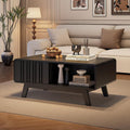ONBRILL Coffee Table, Mid Century Modern Table with Storage Compartment, Fluted Table with Sliding Cabinet Door, Farmhouse Wood Coffee Table for Living Room (Black)