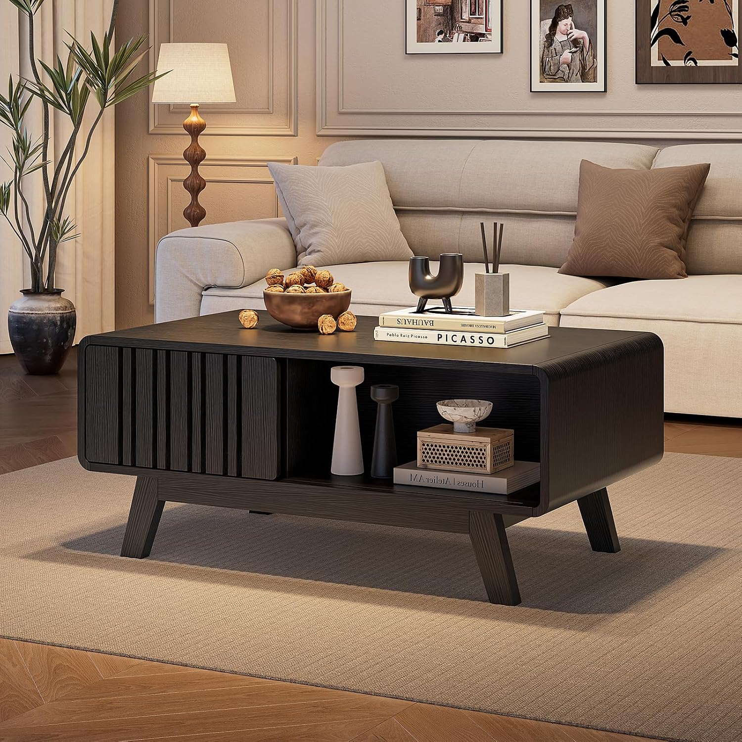 ONBRILL Coffee Table, Mid Century Modern Table with Storage Compartment, Fluted Table with Sliding Cabinet Door, Farmhouse Wood Coffee Table for Living Room (Black)