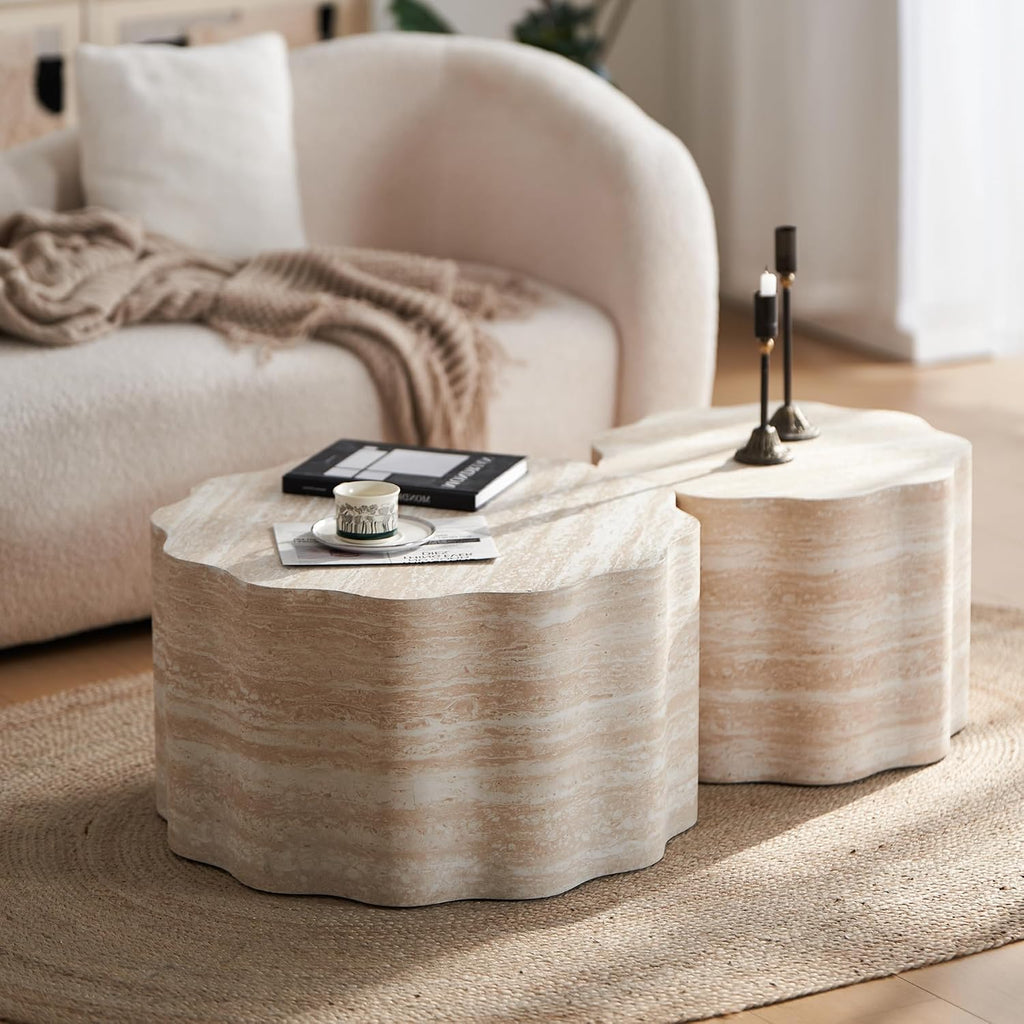 Round Coffee Tables Set of 2 for Living Room,Faux Mars Pattern Modern Minimalist Side Accent End Table for Apartment,Office(Beige Brown,26.7' & 23.6')