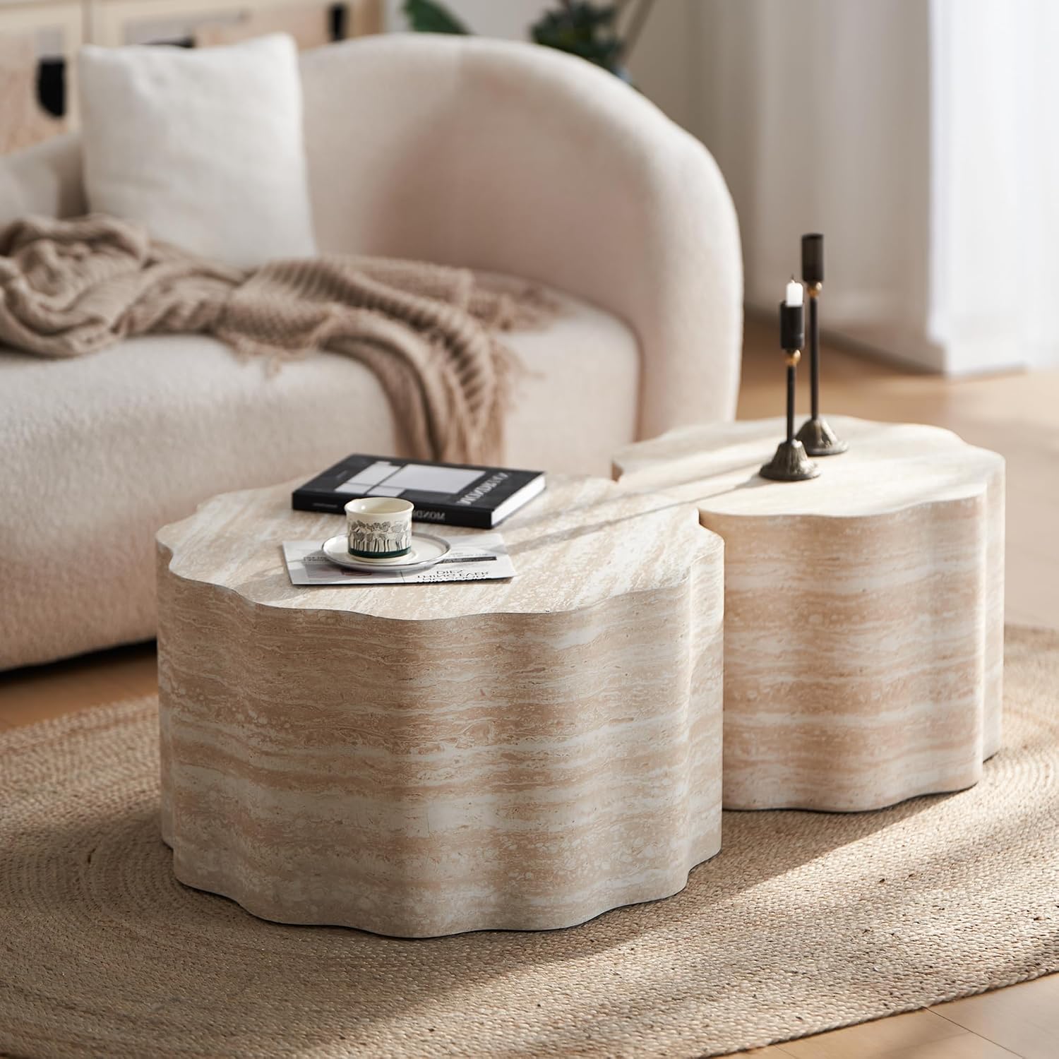 Round Coffee Tables Set of 2 for Living Room,Faux Mars Pattern Modern Minimalist Side Accent End Table for Apartment,Office(Beige Brown,26.7' & 23.6')