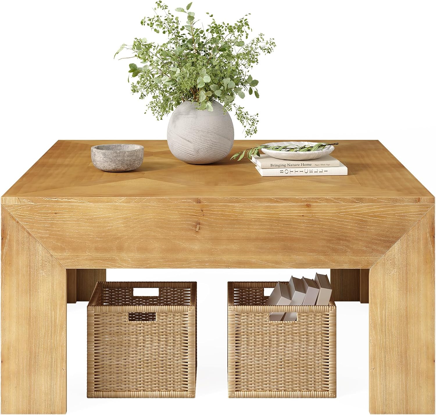 LITTLE TREE 39.4' Solid Wood Coffee Table, Square Coffee Table with Intricate Inlaid Top & Sturdy Legs, Rustic Center Tables for Living Room, Easy Assembly, Brown, 39.4' L x 39.4' W x 19.7' H
