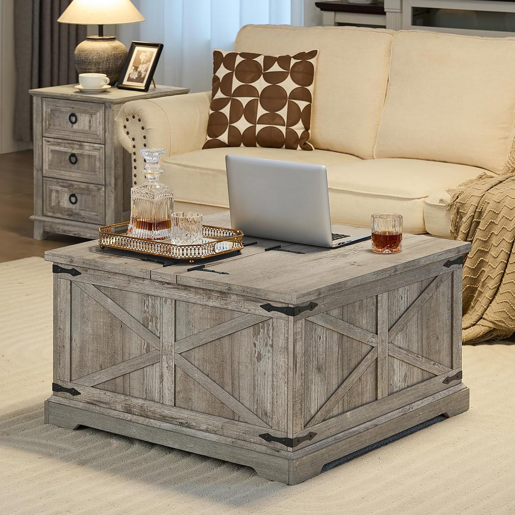Joaxswe Farmhouse Coffee Table with Large Hidden Storage Compartment, Light Oak Square Center Table, Wood Rustic Low Modern Living Room Tables with Hinged Lift Brown Top & Wooden Arc Base