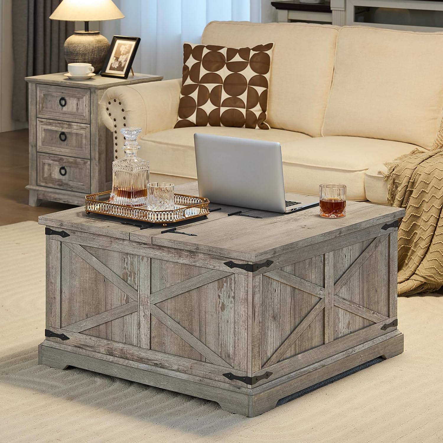 Joaxswe Farmhouse Coffee Table with Large Hidden Storage Compartment, Light Oak Square Center Table, Wood Rustic Low Modern Living Room Tables with Hinged Lift Brown Top & Wooden Arc Base