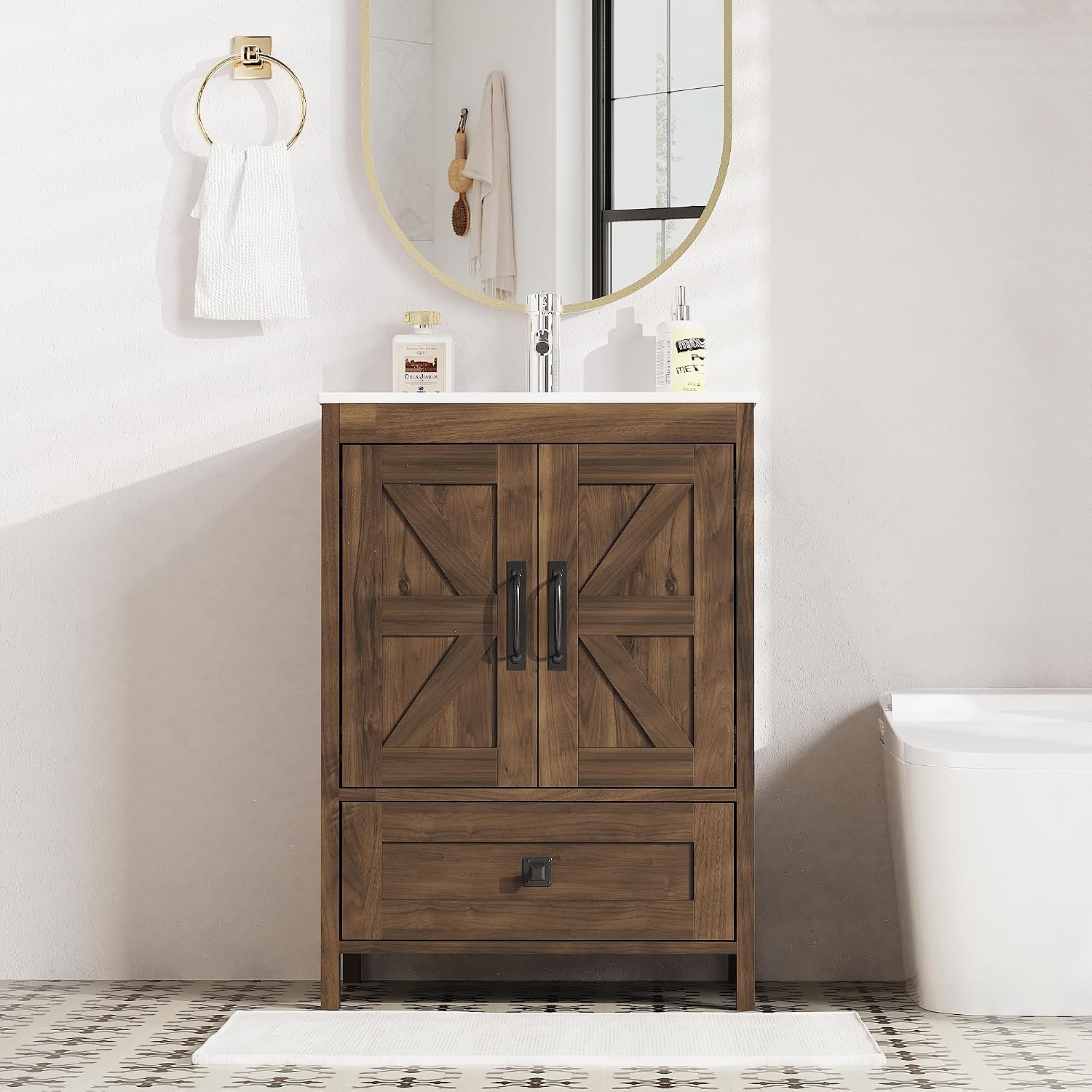 KIGOTY 24 Inch Farmhouse Vanity for Bathroom with Ceramic Sink, Vanity Sink Cabinet with Faucet, Wooden Sink Vanity, Freestanding Bathroom Sink and Cabinet, Bathroom Furniture Set