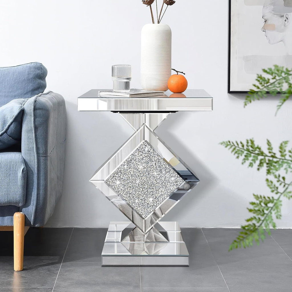 Crushed Diamond Mirrored End Table, Silver Side Accent Table, Small Mirrored Coffee Table for Living Room, Bedroom, 16'x16'x24'