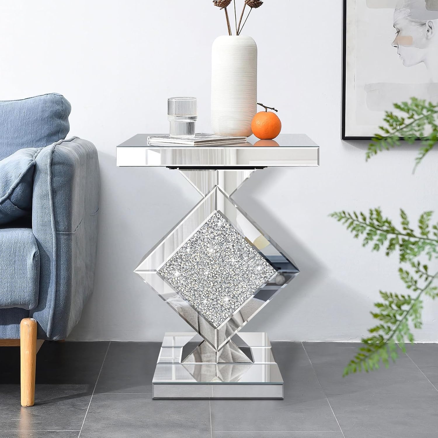 Crushed Diamond Mirrored End Table, Silver Side Accent Table, Small Mirrored Coffee Table for Living Room, Bedroom, 16'x16'x24'