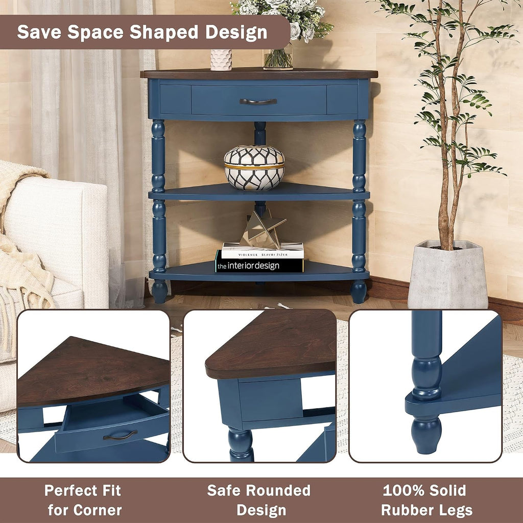 GDFStudio Trmxmbi 3 Tier Corner Console Table with 1 Storage Drawers and Shelves, 33.8'' Rustic Wood Triangle Sofa End Table for Small Spaces, Solid Wood Legs, Navy Blue and Espresso Top