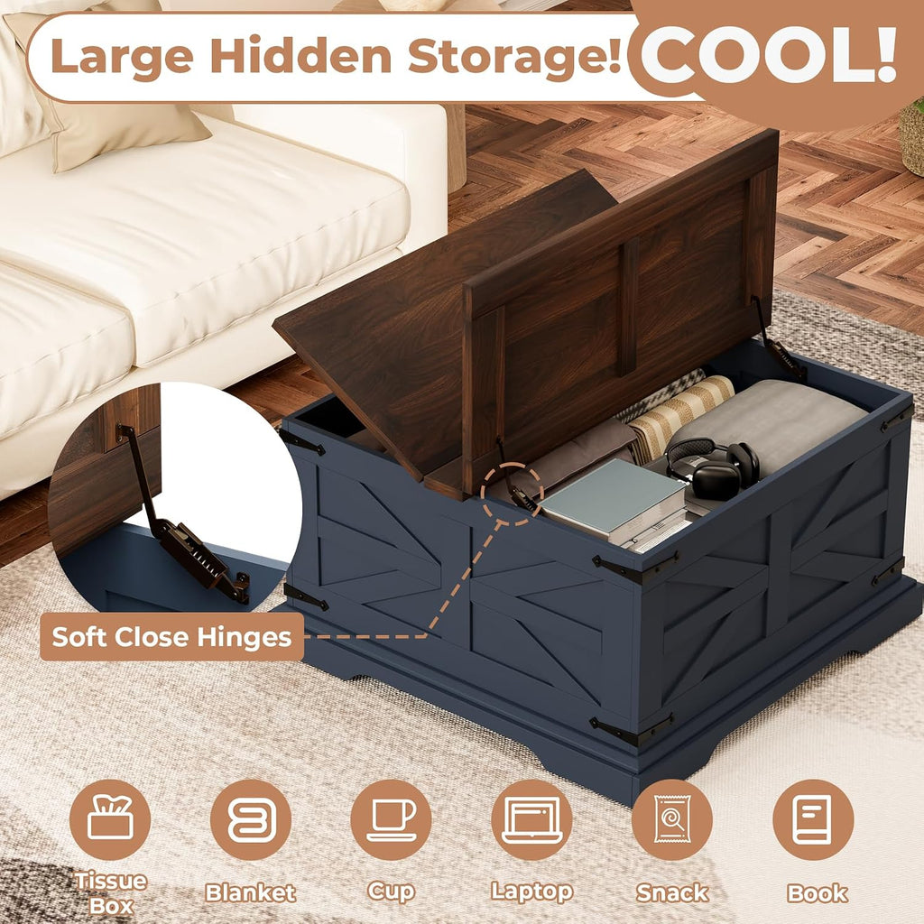 Farmhouse Coffee Table with Large Hidden Storage, Square Wood Living Room Tables, Multi-Function Lift Wooden Barn Door Center Table (Blue &Walnut)