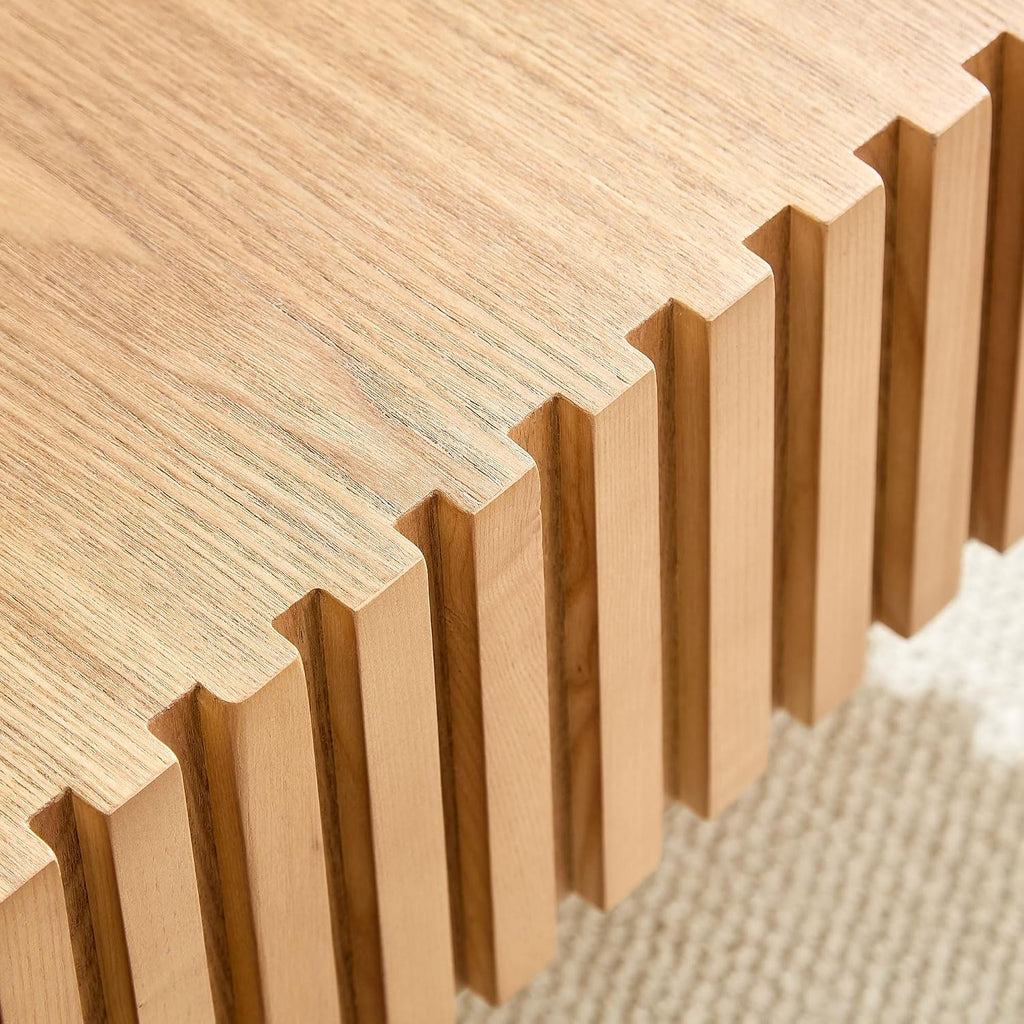 Coffee Table, 35.43' Square Coffee Table Modern Handcraft Fluted Table Accent Wood Center Table for Living Room Apartment, Easy Assembly, Oak