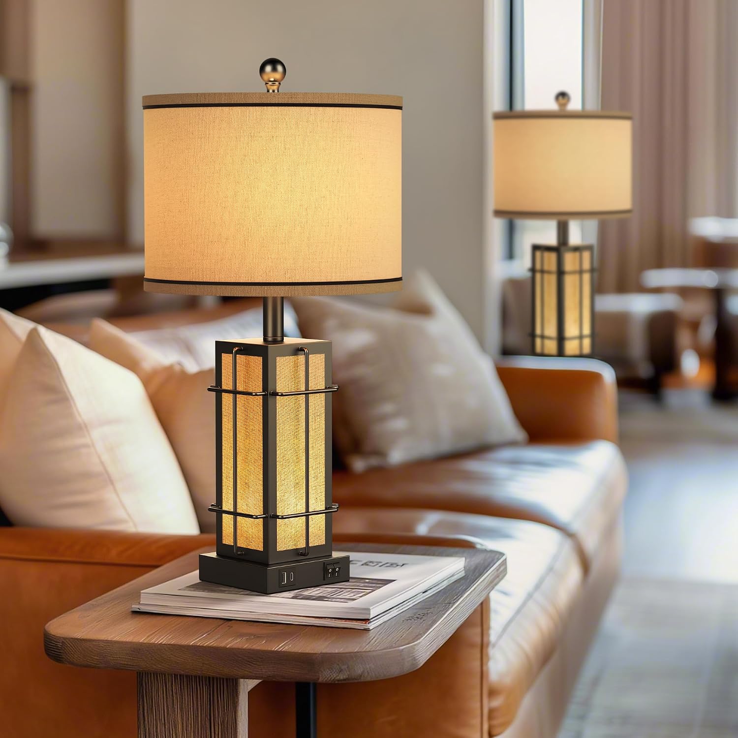 Black Table Lamps Set of 2, 24' Farmhouse Lamps for Living Room with USB C+A Ports, Industrial Retro Lamps for Bedroom, Nightstand Light Fixture, 2 Bulbs Included