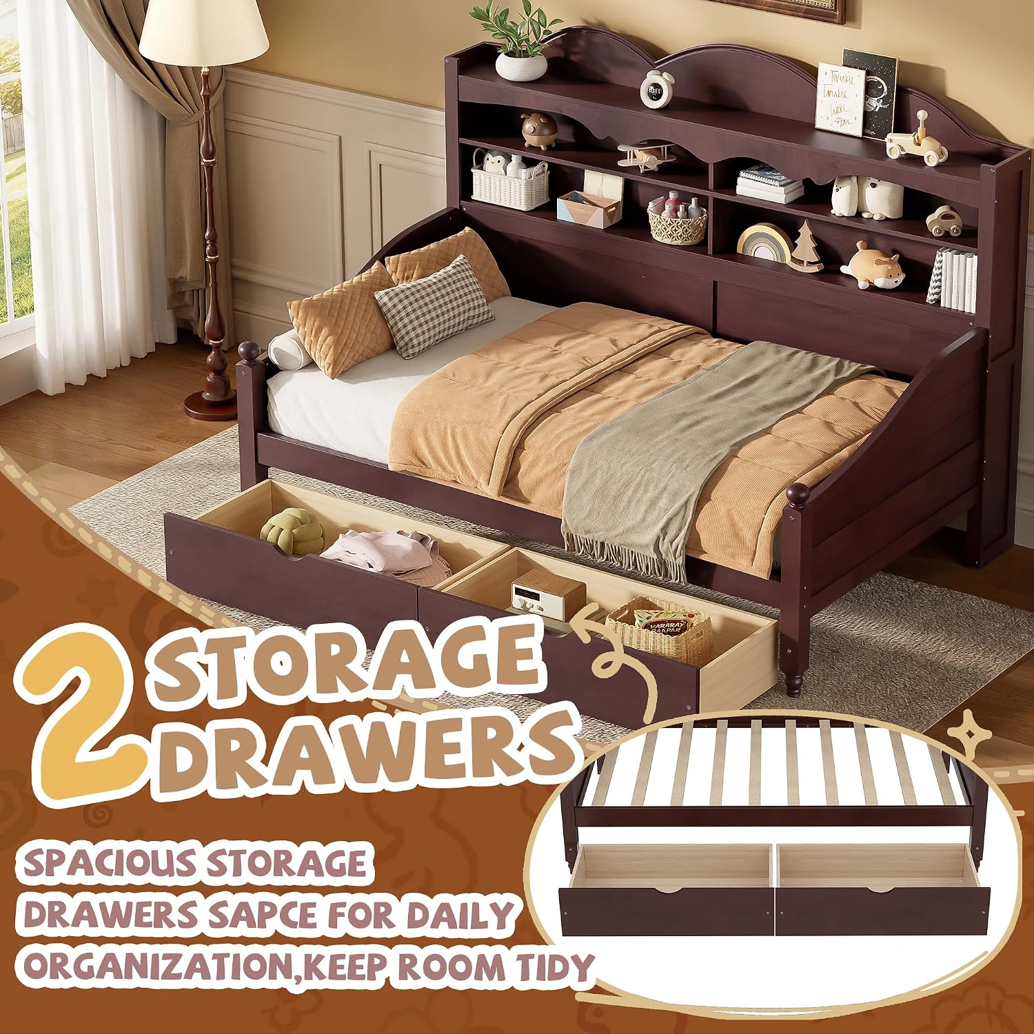 Harper & Bright Designs Captain's Bed with 2 Storage Drawers and Bookcase Headboard,Twin Size Wood Day Bed Frame with Sturdy Slats Support,Espresso