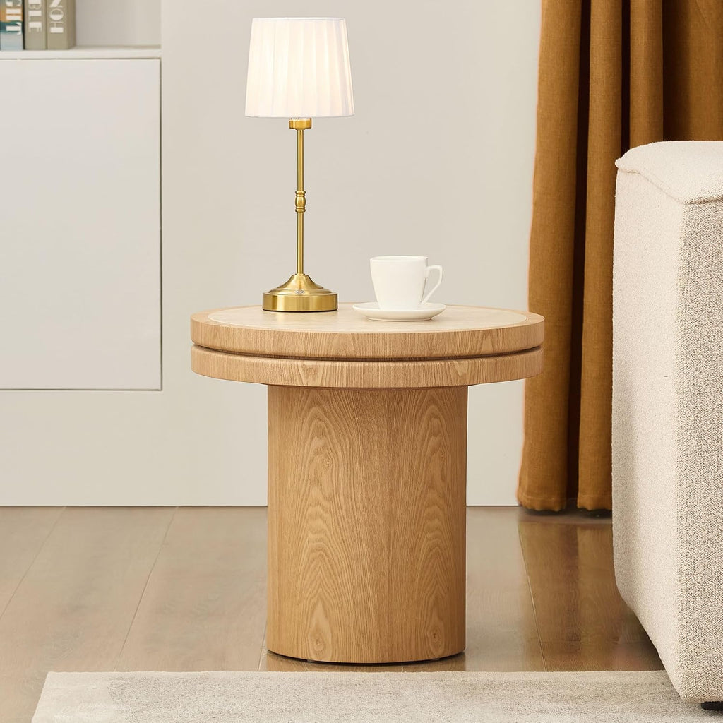 JUSTONE 19.49 '' Round Fluted Coffee Table Small Accent Table for Living Room,Modern Small Accent Table Sofa Side End Table for Living Room,Home Balcony(Natural)