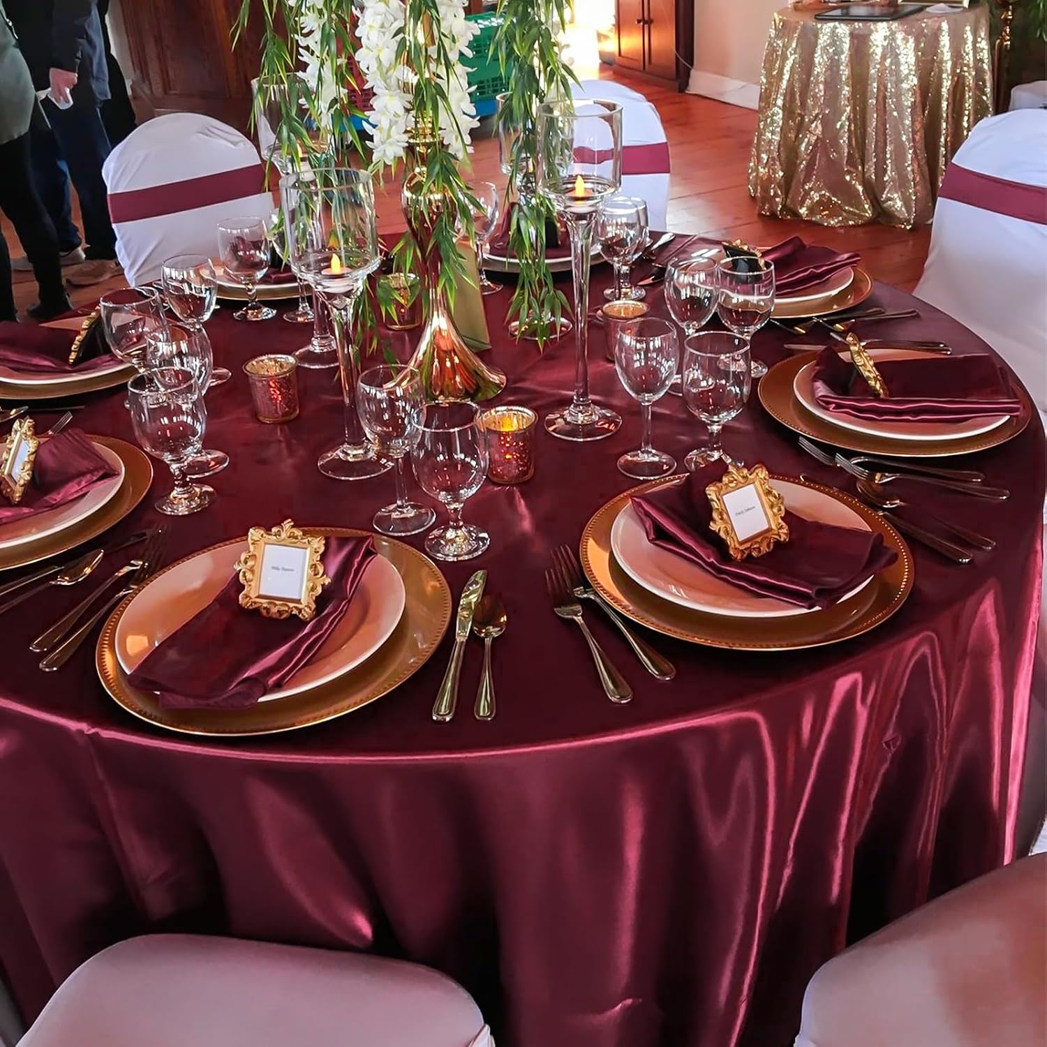 fani 12 Pack 120 Inch Burgundy Satin Tablecloth - Premium Bright Silky Round Tablecloth Overlay Smooth Fabric Table Cover, Table Decoration for Wedding Party Banquet Events Restaurant Kitchen Dining
