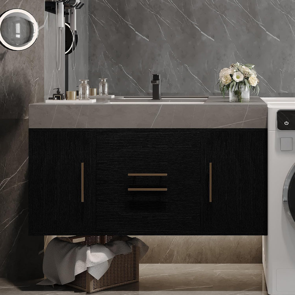 39.4' Bathroom Vanity with Oval Ceramic Sink, Floating Vanity Bathroom Sink Cabinet Wall Mount, Soft-Close Function 2 Large Hidden Drawers & Cabinet