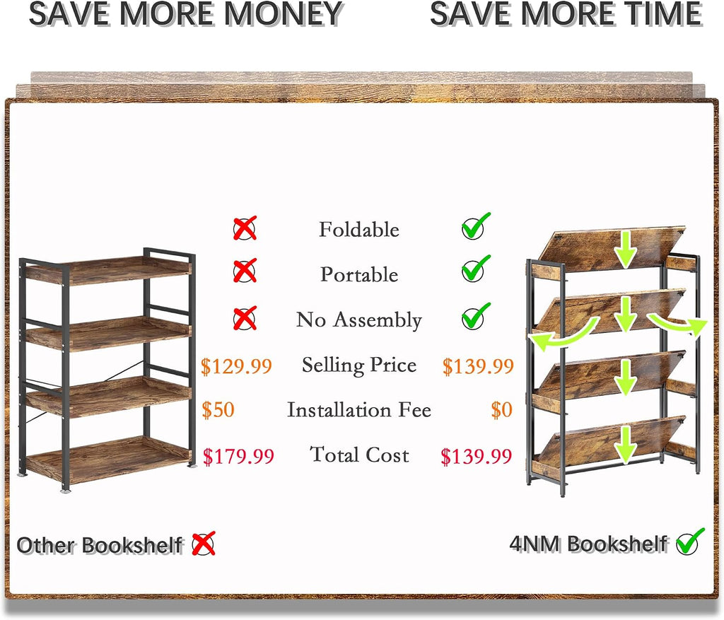 4NM Extra Wdie No Assembly Folding Bookshelf, 50.8' H x 30.9' W, 4 Tier Collapsible Book Shelf Bookcase Foldable Shelves for Bedroom Living Room Home Office - Rustic Brown & Black