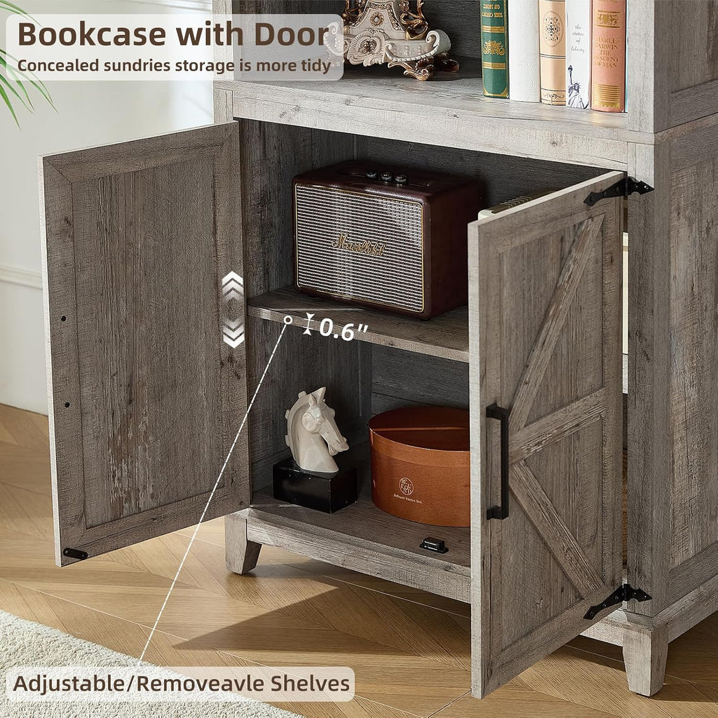 Joaxswe 70in Tall Bookshelf 5 Tier Bookcase with Barn Doors and Adjustable Shelves, Grey Farmhouse Book Shelf with Storage Cabinet, Wood Freestanding Display Bookshelves for Bedroom, Kitchen (2 PCS)
