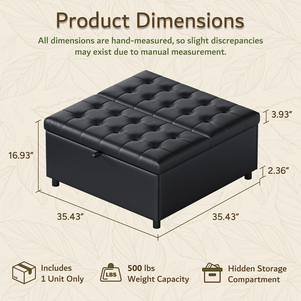 LINLUX 35.5 Inch Large Leather Storage Ottoman, Extra Large Square Lift Top Ottoman Coffee Table with Storage, Tufted Leather Ottoman Footrest Toy Box for Living Room, Black