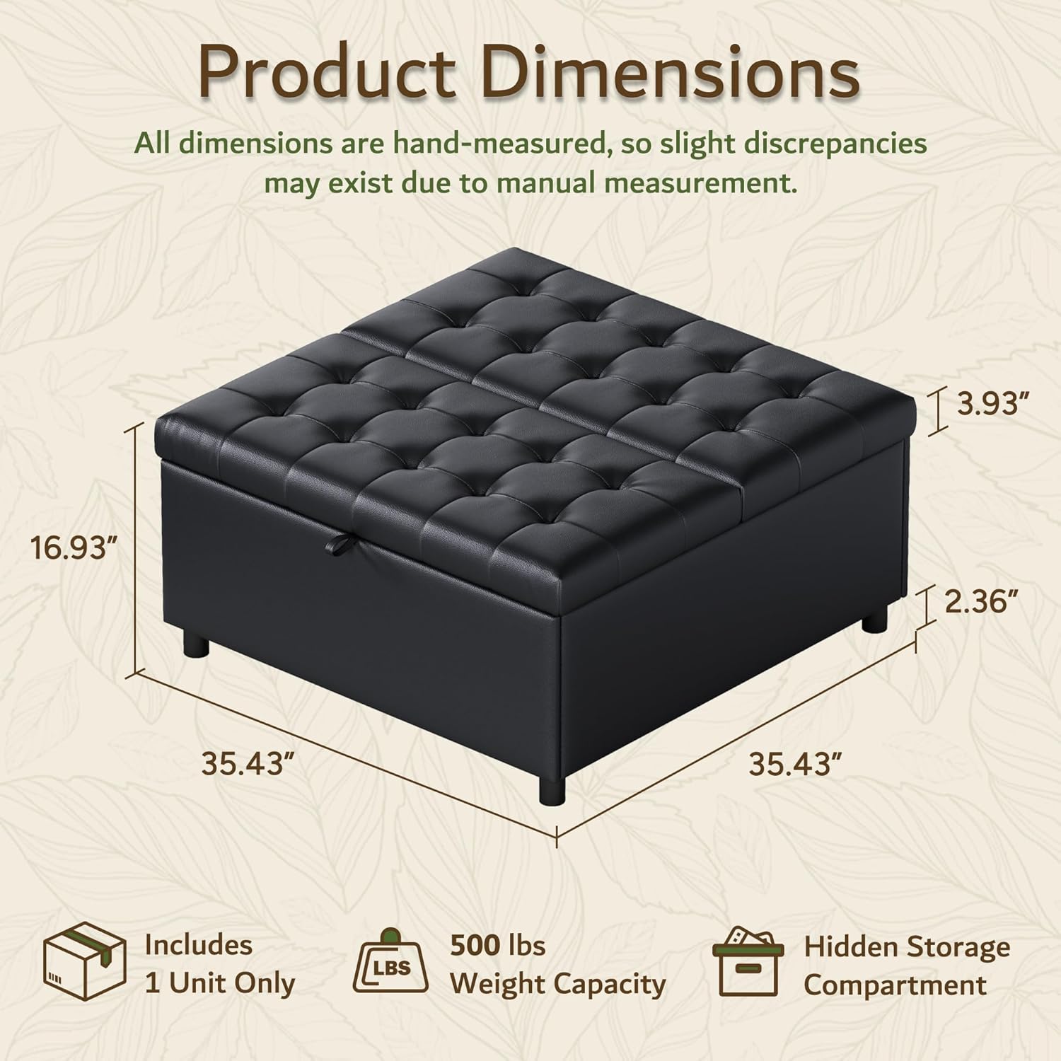 LINLUX 35.5 Inch Large Leather Storage Ottoman, Extra Large Square Lift Top Ottoman Coffee Table with Storage, Tufted Leather Ottoman Footrest Toy Box for Living Room, Black