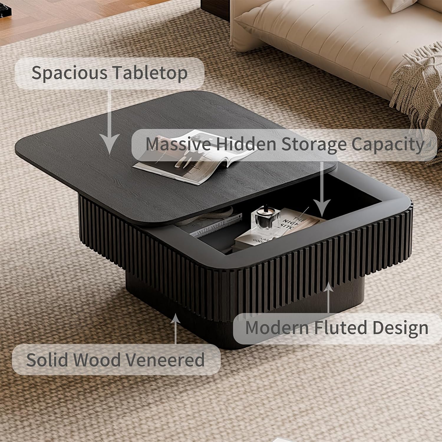 Square Coffee Table for Living Room,Fluted Drum Accent Tea Center Table with Storage,Solid Wood Modern Coffee Tables for Small Space Office Apartment (31.5' L×31.5''W×14''H-Black)