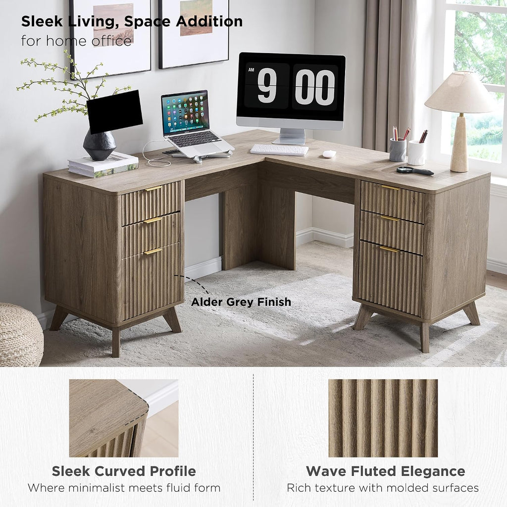 T4TREAM 60'' Fluted Executive L Shaped Desk, Modern Home Office Desk with Charging Station and File Drawer, Computer Corner Desks with Drawers & Storage Cabinet for Office Home, Bedroom, Alder Grey