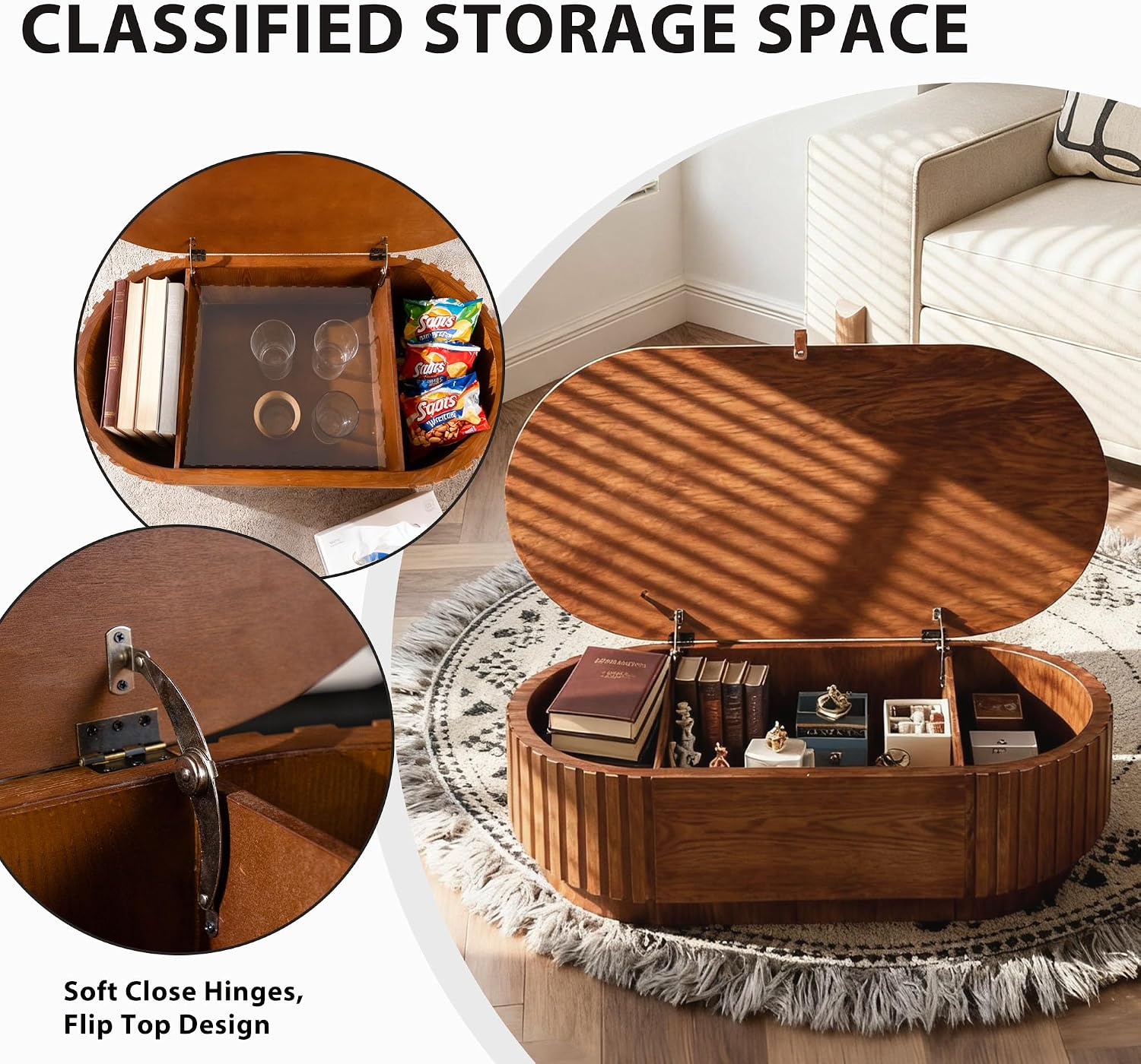 Flip Top Oval Coffee Table with Compartment Storage, 47'' Mid Century Modern Coffee Table for Living Room, Fluted Center Table Tea Table with Soft Handle for Small Space Office Apartment