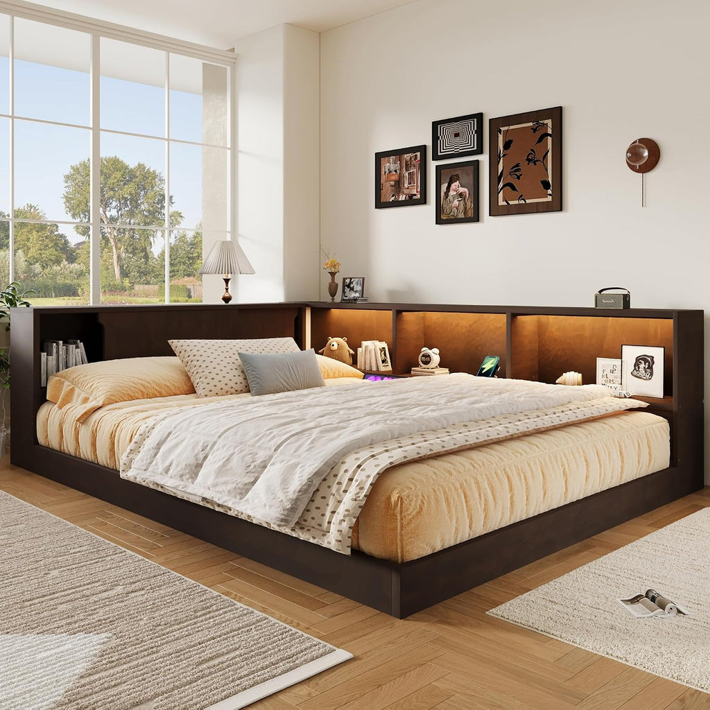 MERITLINE Queen Size Corner Bed Frame with Storage Bookcase & Shelves, Wood L-Shaped Daybed with LED Lights, USB Ports and Headboard, No Slats, Brown