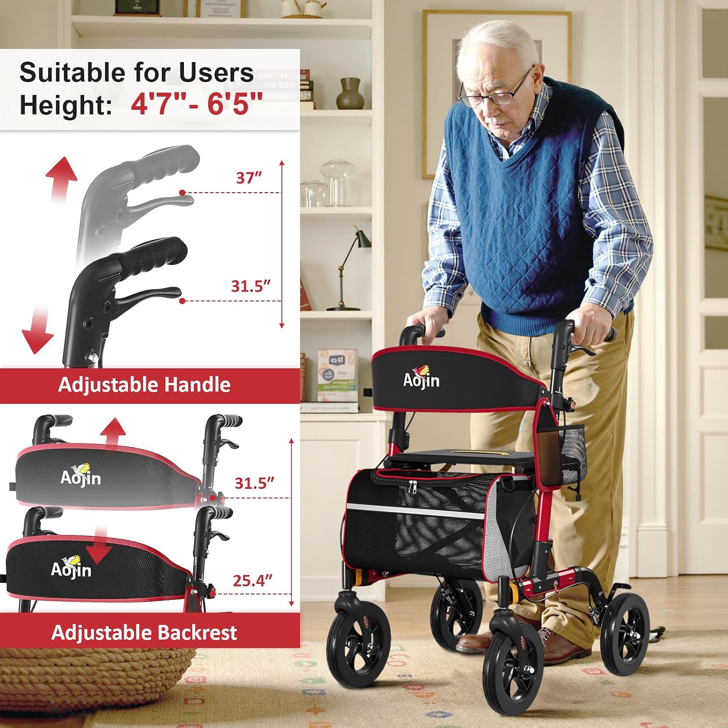 Walkers for Seniors, Rollator Walker with Seat, 350 lb Weight Capacity, 18' Big Seat, 8' All-Terrain Wheels, 6-Level Adjustable Height, Lightweight Aluminum Frame Rollator Walkers for Seniors (Red)