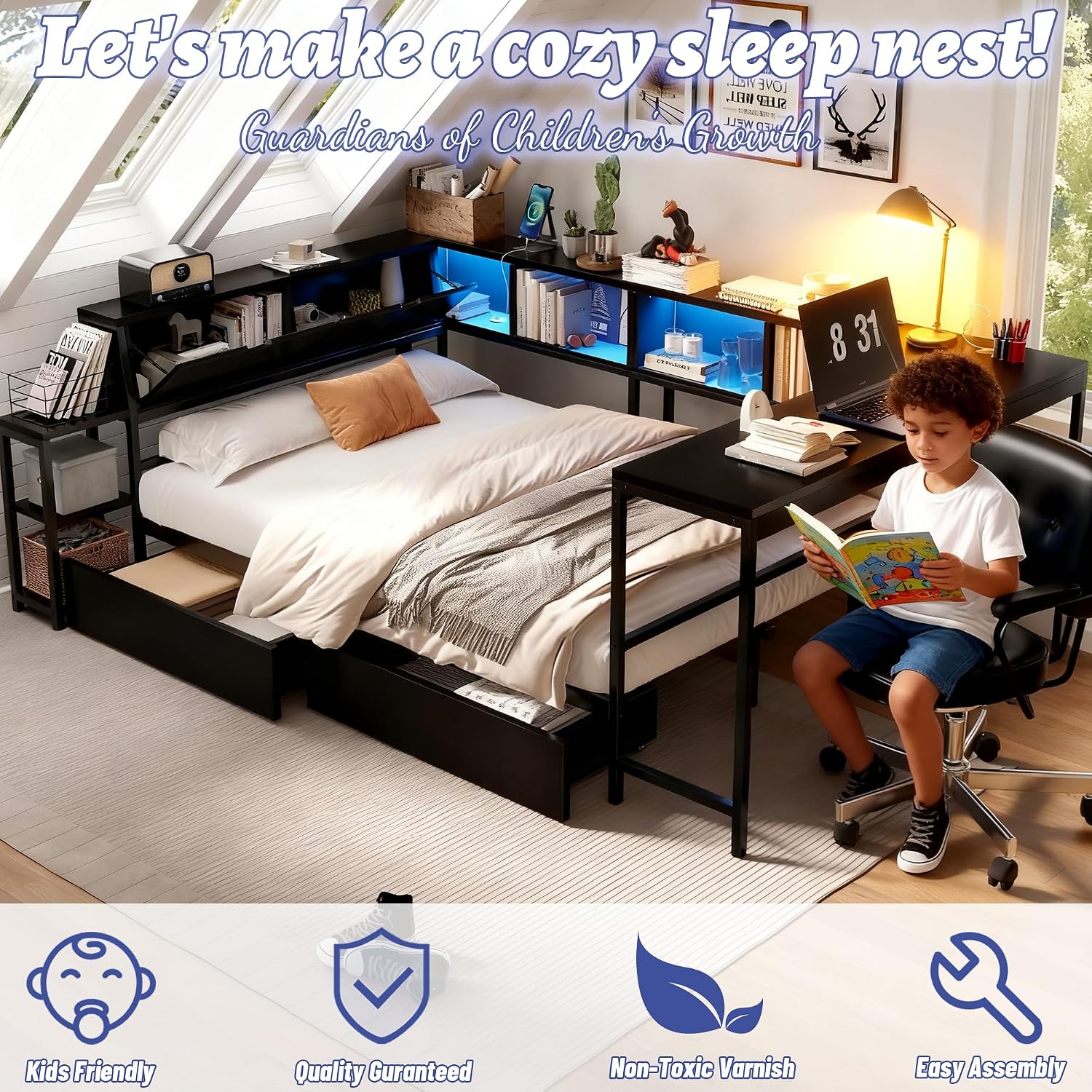 Twin Corner Bed Frame with Storage Drawers, Twin Daybed with Built-in Bookshelf & LED Light, L Shaped Twin Beds with Charging Station for Kids Teens, Black
