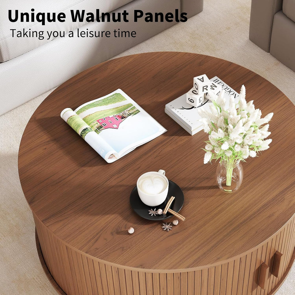 31.5 Inch Round Coffee Table, Fluted Coffee Tables with Storage, Mid-Century Modern Center Tables, Living Room Table with Sliding Door and Wood Handle for Living Room, Walnut