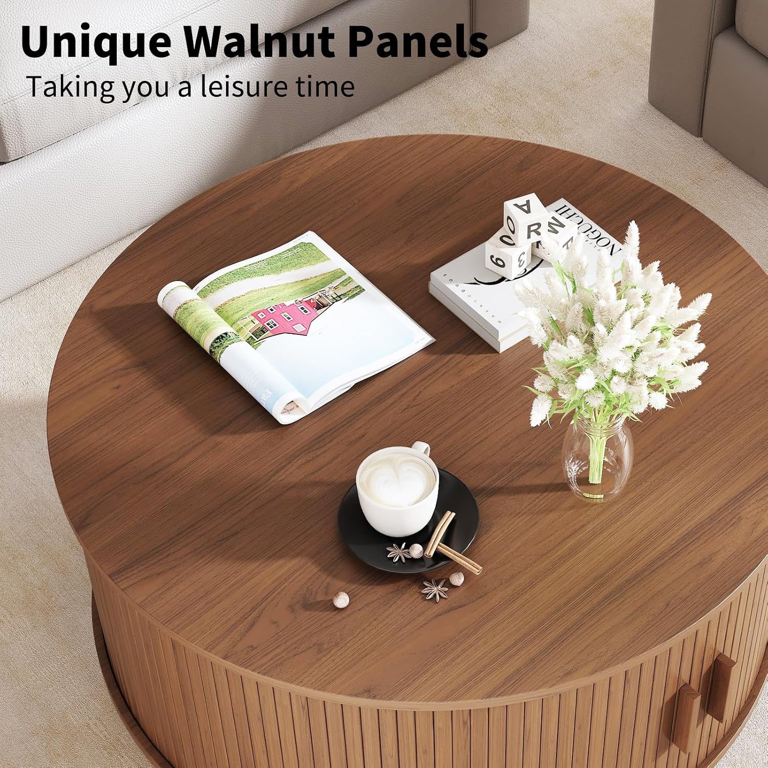 31.5 Inch Round Coffee Table, Fluted Coffee Tables with Storage, Mid-Century Modern Center Tables, Living Room Table with Sliding Door and Wood Handle for Living Room, Walnut