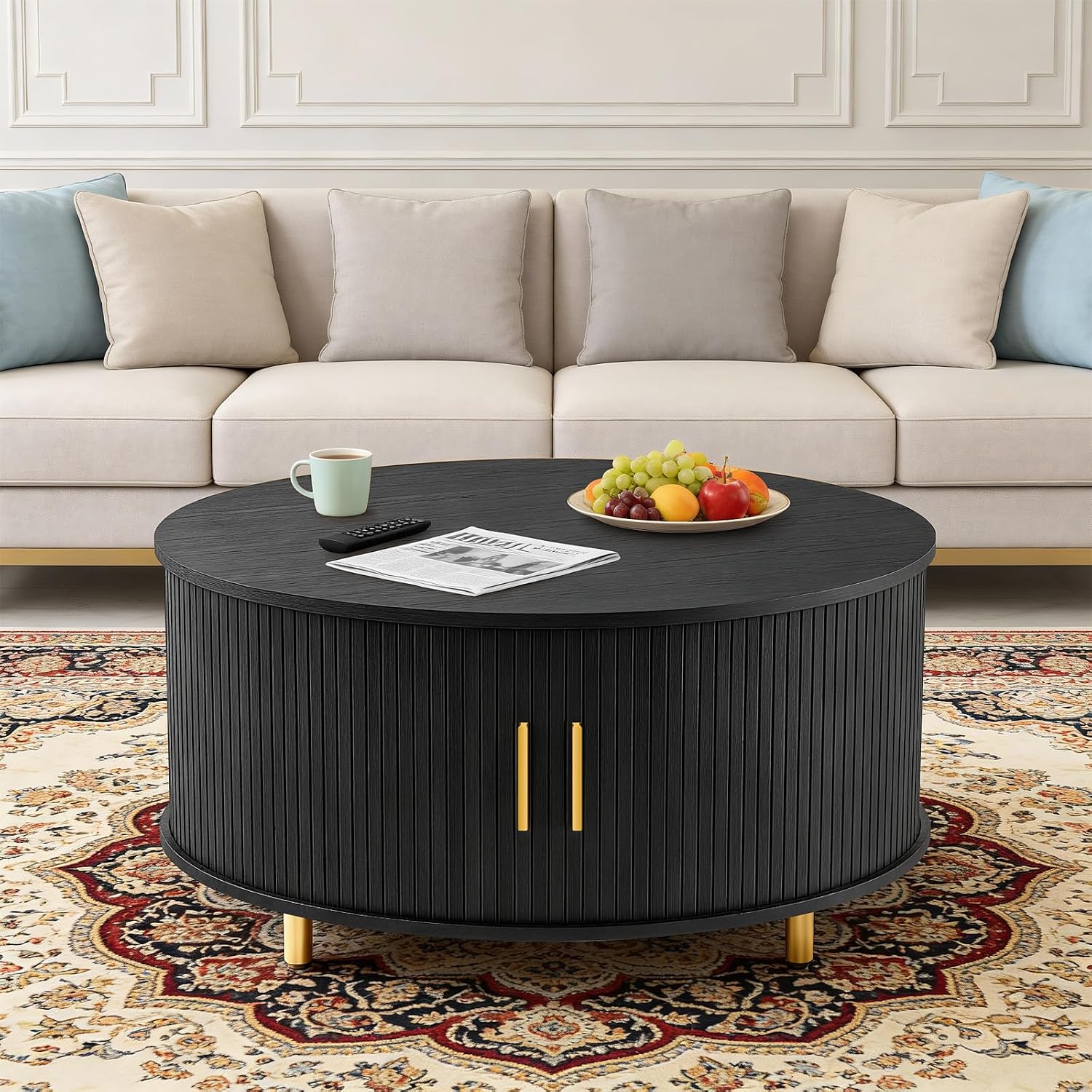 DHH Round Coffee Table, 31.5' Mid Century Modern Coffee Table with 360° Sliding Tambour Door, Fluted Accent Coffee Table with Storage Adjustable Footpads for Living Room, Black
